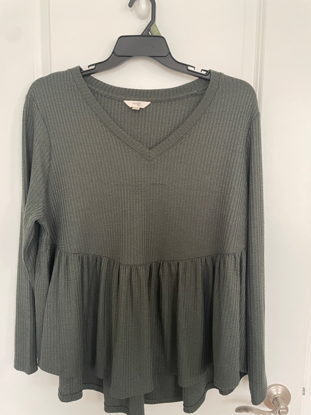 Olive Green Waffle Knit V-Neck Peplum Top